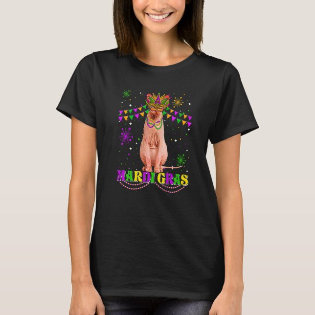 Cute Mardi Gras Cat Sphynx Mask Beads Festival Pre T-Shirt (Front)