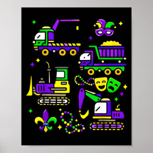 Cute mardi gras construction trucks excavator toys poster