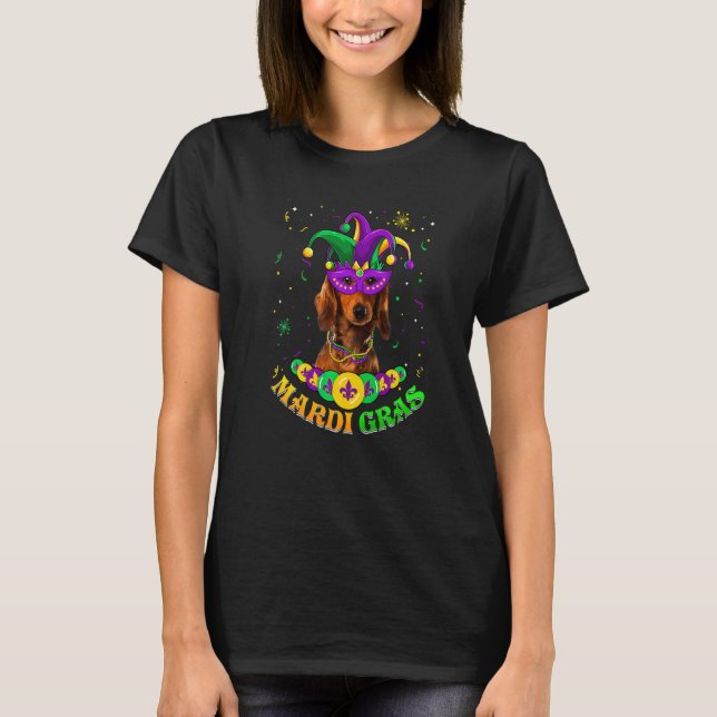 Cute Mardi Gras Dachshund Dog Dad Dog Mom Mask Bea T-Shirt (Front)