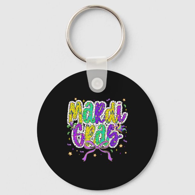 Cute Mardi Gras Fat Tuesday Coquette Bow Kids Girl Key Ring (Front)