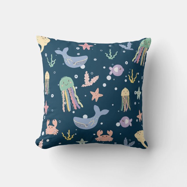 Cute Marine Life Seamless Pattern Cushion (Front)