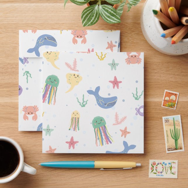 Cute Marine Life Seamless Pattern Envelope (Desk)
