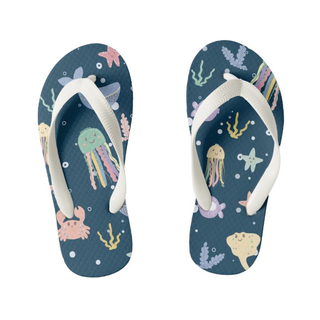 Cute Marine Life Seamless Pattern Kid's Flip Flops (Footbed)