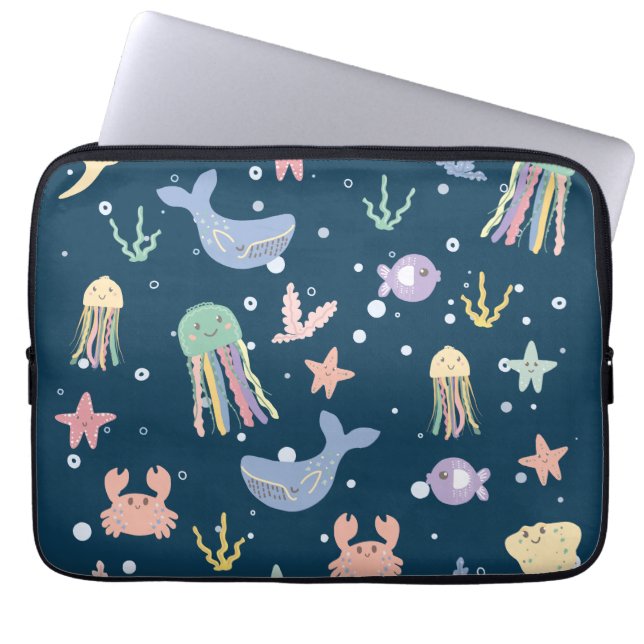 Cute Marine Life Seamless Pattern Laptop Sleeve (Front)