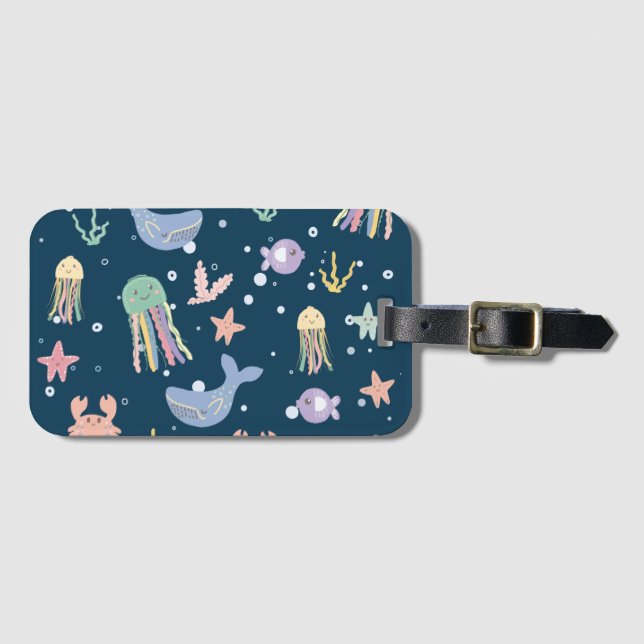 Cute Marine Life Seamless Pattern Luggage Tag (Front Horizontal)