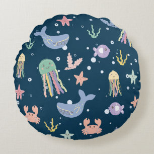 Cute Marine Life Seamless Pattern Round Cushion