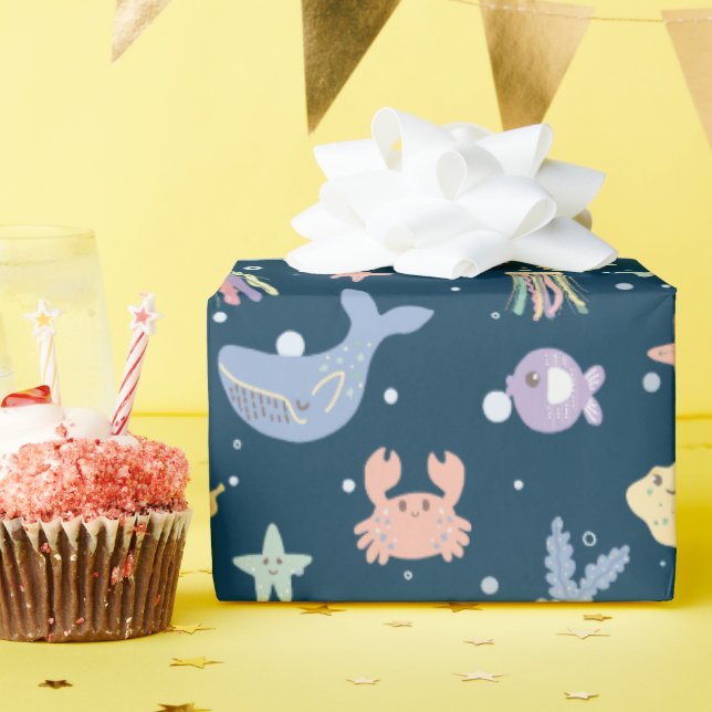 Cute Marine Life Seamless Pattern Wrapping Paper (Birthday Party)