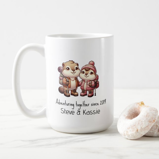 Cute Marmot Couple Adventuring Together Hiking Coffee Mug (With Donut)