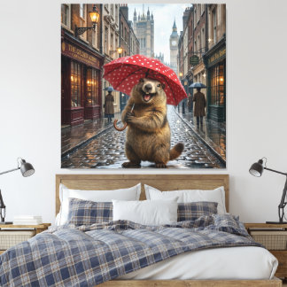 Cute Marmot in London with Red Polka Dot Umbrella Canvas Print