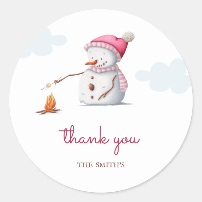 Cute Marshmallows Snowman Winter Holiday Thank You Classic Round Sticker (Front)