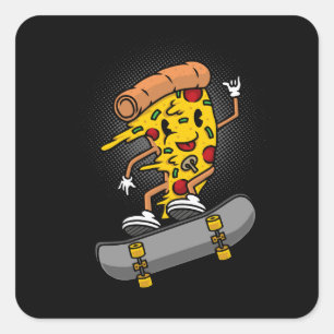 cute mascot pizza skateboarding illustration square sticker