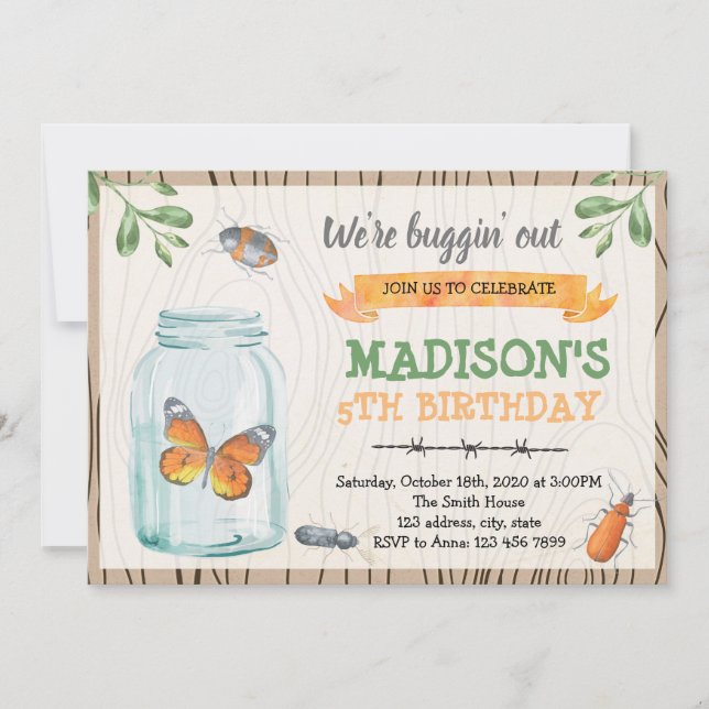 Cute mason jar bug party invitation (Front)