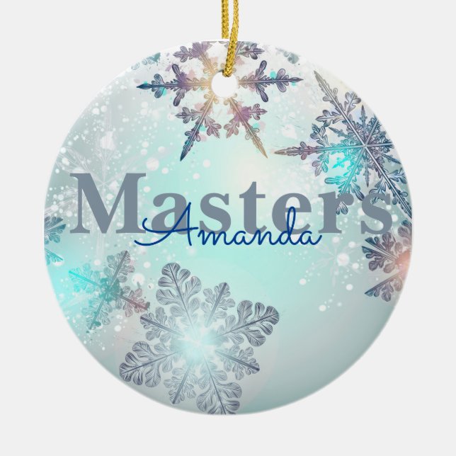 Cute Masters Graduation Personalised Name Blue  Ceramic Tree Decoration (Front)