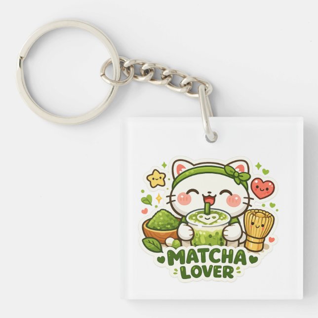 Cute Matcha Lover Cat Key Ring (Front)