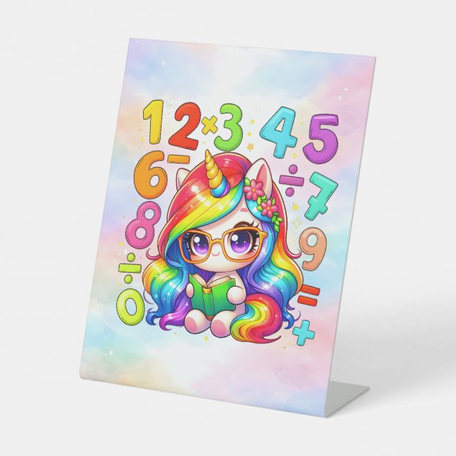 Cute Maths Unicorn Numbers Desk Art for Kids Pedestal Sign (Front)
