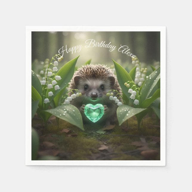Cute May Hedgehog with Emerald Heart Napkin (Front)