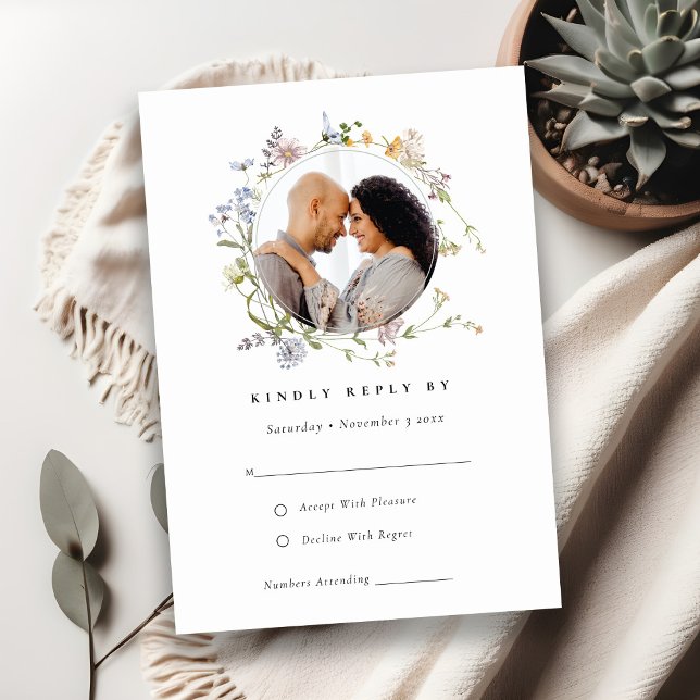 Cute Meadow Floral Wreath Photo Wedding RSVP Enclosure Card (Creator Uploaded)