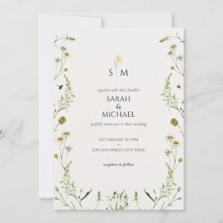 Cute meadow wild flowers bee chamomile wedding invitation