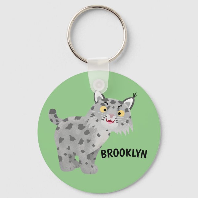 Cute mean bobcat lynx cartoon cat key ring (Front)