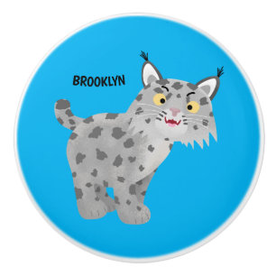 Cute mean bobcat lynx cartoon ceramic knob