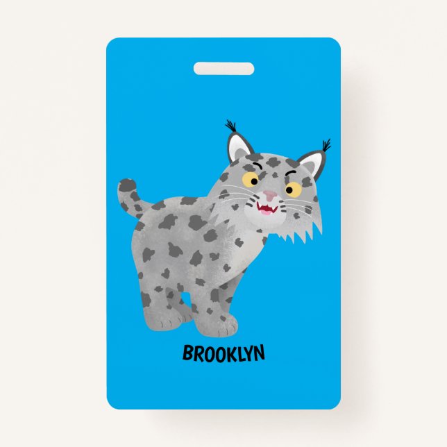 Cute mean bobcat lynx cartoon ID badge (Front)