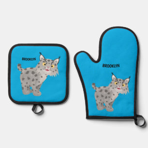 Cute mean bobcat lynx cartoon oven mitt & pot holder set