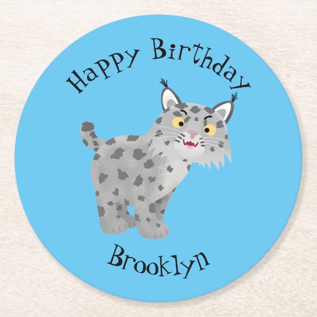 Cute mean bobcat lynx cartoon round paper coaster (Front)