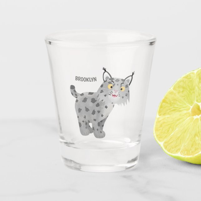 Cute mean bobcat lynx cartoon shot glass (Front)