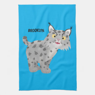 Cute mean bobcat lynx cartoon tea towel