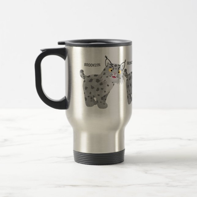Cute mean bobcat lynx cartoon travel mug (Left)