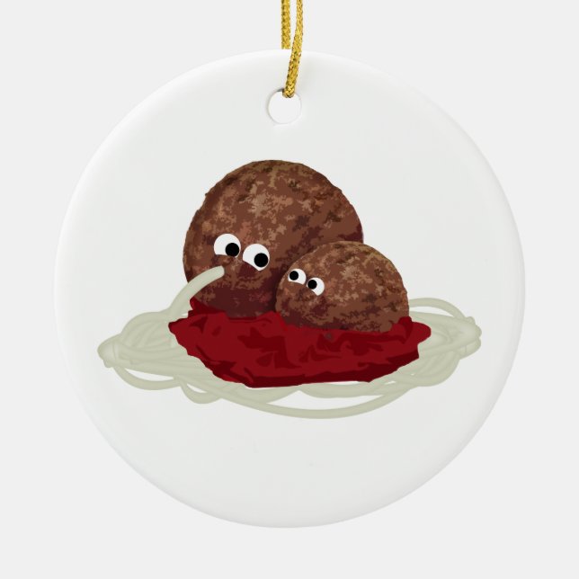 Cute Meatball Eating Spaghetti Ceramic Tree Decoration (Front)