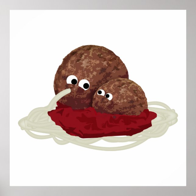 Cute Meatball Eating Spaghetti Poster (Front)