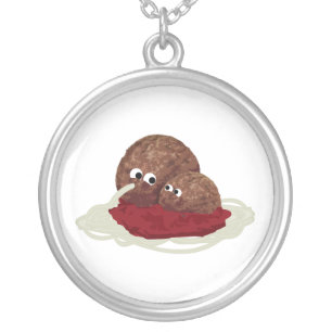 Cute Meatball Eating Spaghetti Silver Plated Necklace
