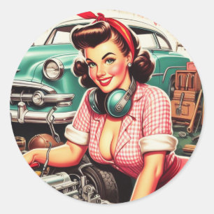 Cute Mechanic Pin-up Classic Round Sticker