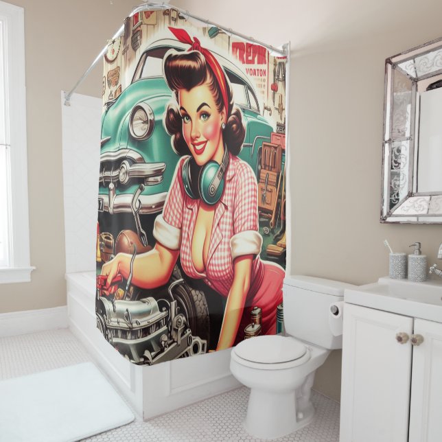 Cute Mechanic Pin-up Shower Curtain (In Situ)