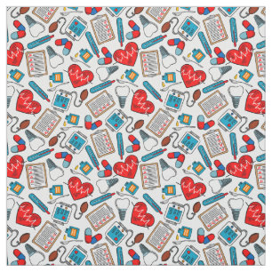 Cute Medical Nurse Doctor Theme Mixed Pattern  Fabric