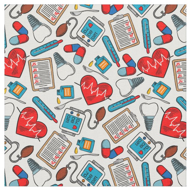 Cute Medical Nurse Doctor Theme Mixed Pattern  Fabric (Close Up)