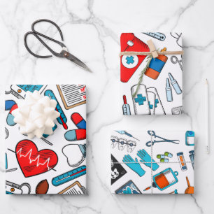 Cute Medical Nurse Doctor Theme Mixed Patterns Wrapping Paper Sheet