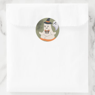 Cute Meditating Ghost with Witch Hat Classic Round Sticker