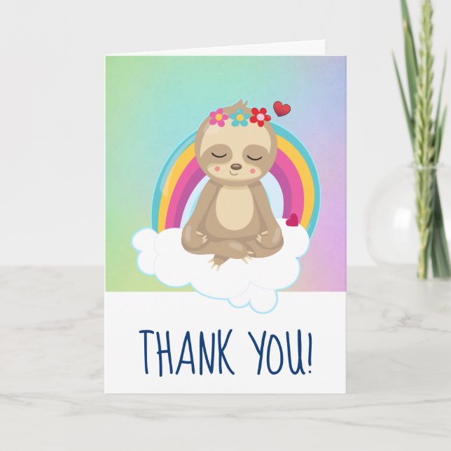 Cute Meditating Sloth and a Rainbow Thank You Card (Front)