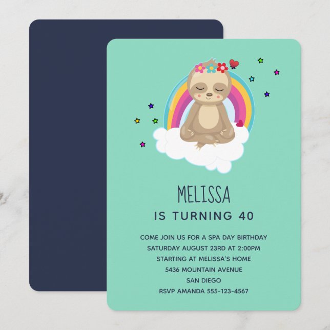 Cute Meditating Sloth on a Cloud Birthday Party Invitation (Front/Back)