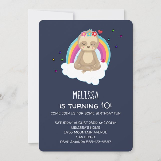 Cute Meditating Sloth on a Cloud Birthday Party Invitation (Front)