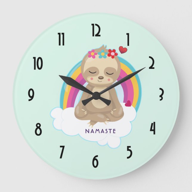 Cute Meditating Sloth with a Rainbow Large Clock (Front)