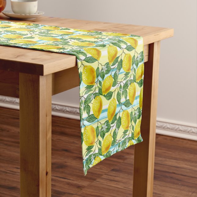 Cute Mediterranean Summer Lemon Fruit Art Pattern Long Table Runner (In Situ)