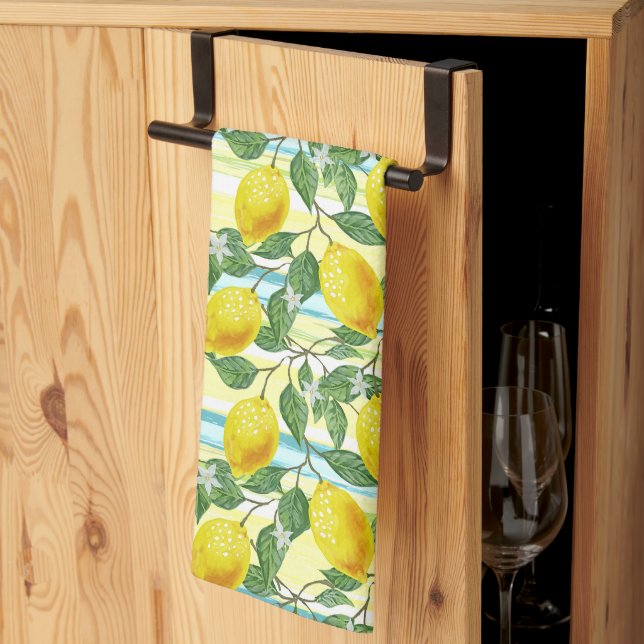 Cute Mediterranean Summer Lemon Fruit Art Pattern Tea Towel (Thirds Fold)
