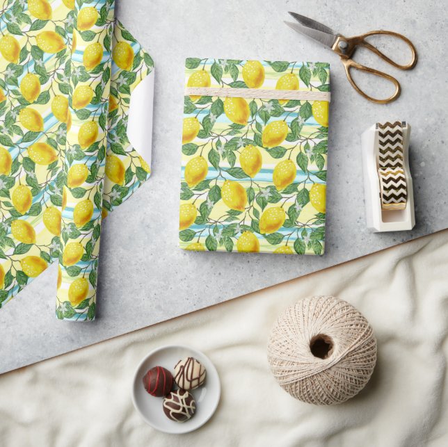 Cute Mediterranean Summer Lemon Fruit Art Pattern Wrapping Paper (Crafts)
