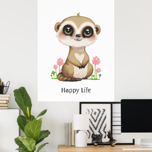 Cute Meerkat and Flowers Happy Poster