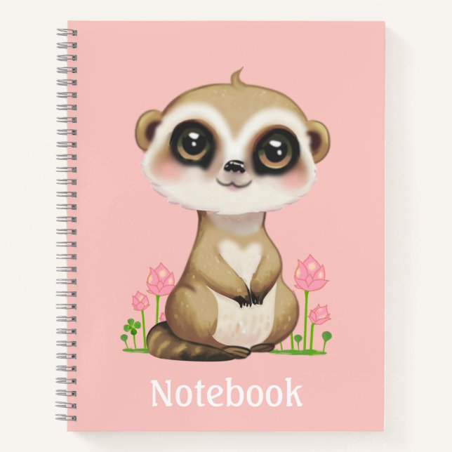 Cute Meerkat and Flowers on Pink Notebook (Front)