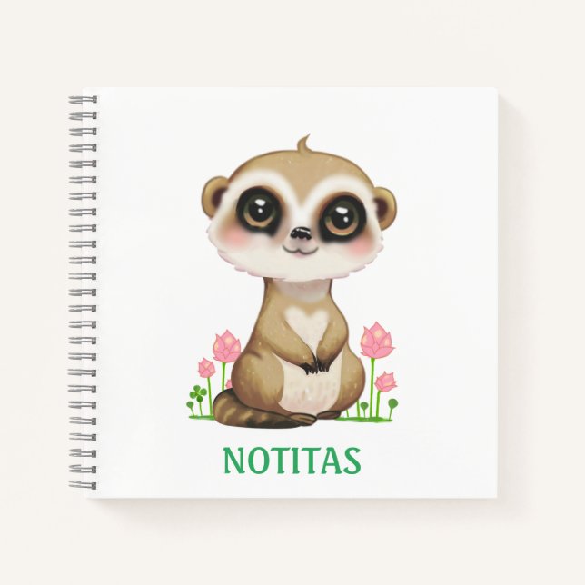 Cute Meerkat and Flowers on White Notebook (Front)