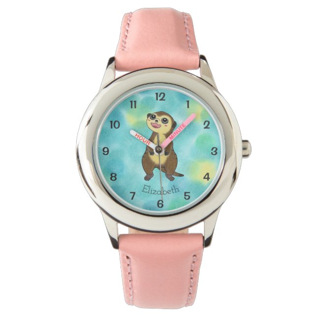 Cute Meerkat Cartoon Pink Kids Name Watch (Front)